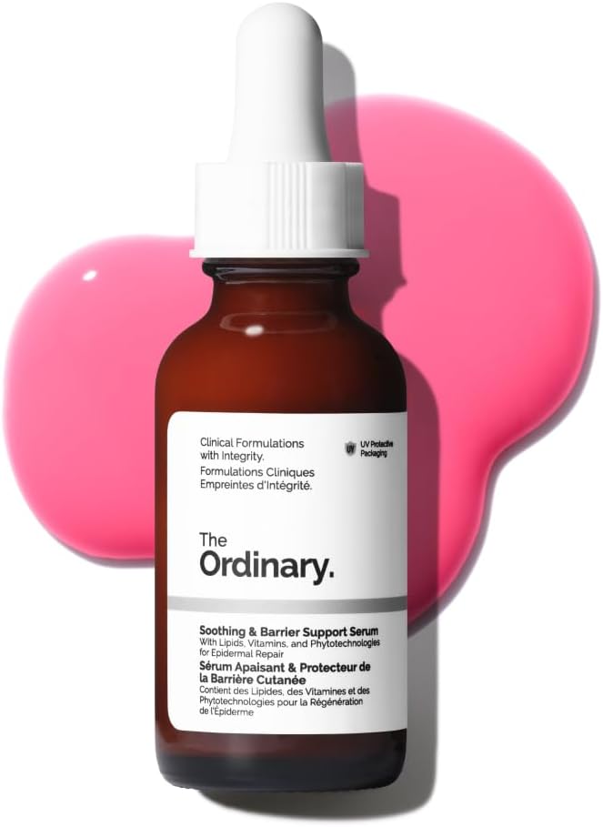 The Ordinary soothing and barrier support serum bottle with a pink .