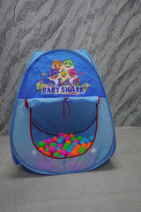 Blue 'Baby Shark' ball pit with colorful balls.
