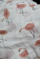 Cotton two layer muslin patterned fabric with pink flamingo design