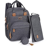 Graymultifunctional baby nappy changing backpack with a stylish quilted design, spacious compartments, and a matching pouch for organizing diapers, bottles, clothes, and other baby essentials.