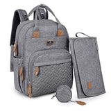 Gray multifunctional baby nappy changing backpack with a stylish quilted design, spacious compartments, and a matching pouch for organizing diapers, bottles, clothes, and other baby essentials.