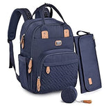 Navy blue multifunctional baby nappy changing backpack with a stylish quilted design, spacious compartments, and a matching pouch for organizing diapers, bottles, clothes, and other baby essentials.