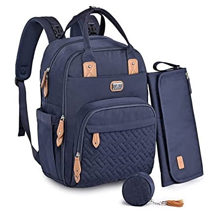 Navy blue multifunctional baby nappy changing backpack with a stylish quilted design, spacious compartments, and a matching pouch for organizing diapers, bottles, clothes, and other baby essentials.