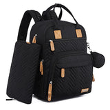 Black multifunctional baby nappy changing backpack with a stylish quilted design, spacious compartments, and a matching pouch for organizing diapers, bottles, clothes, and other baby essentials.