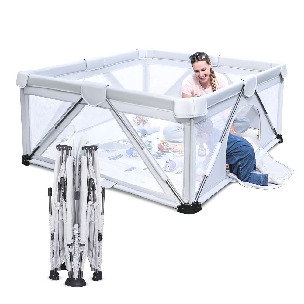 White playpen with a child indoor outdoor kids Activity center.