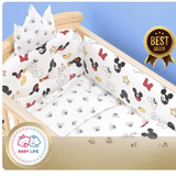 Baby crib with Mickey Mouse-themed bedding set and 'Baby Life' logo.