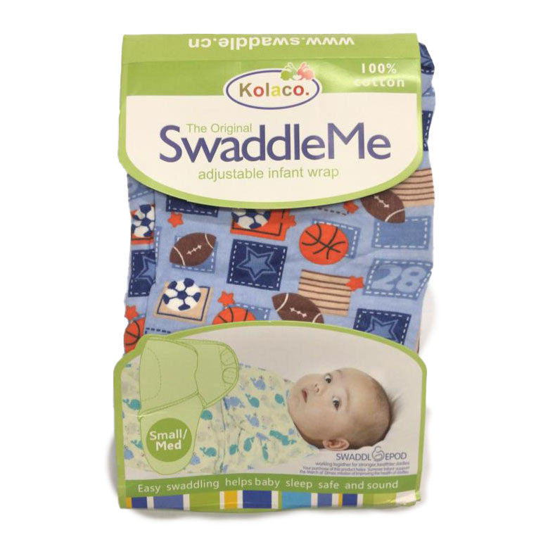 Kolaco SwaddleMe adjustable infant wrap packaging with colorful pattern and baby image.