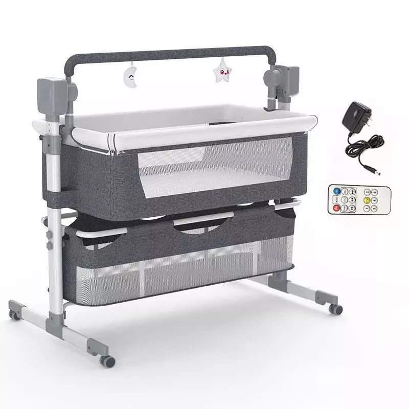 Automatic swing cot bassinet baby crib with gray mesh side panels, a soft white mattress, and remote control, featuring gentle automatic rocking, breathable mesh for visibility, and convenient adjustable swing settings.