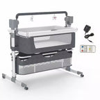 Automatic swing cot bassinet baby crib with gray mesh side panels, a soft white mattress, and remote control, featuring gentle automatic rocking, breathable mesh for visibility, and convenient adjustable swing settings.
