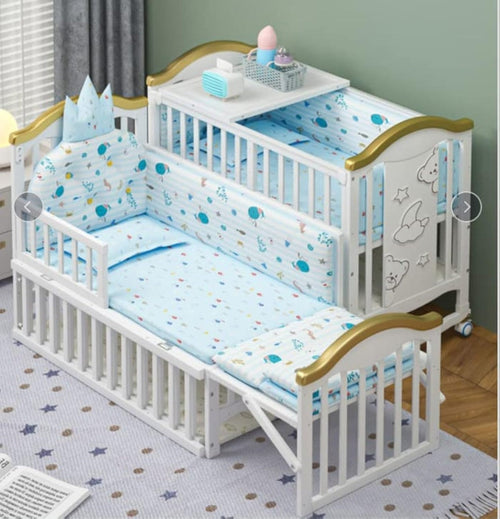 Children Crib, Baby Wooden Cot, Bed Multifunctional Rocker, Convertible Desk And Kids Sofa With Mosquito Net (bedding set sold separately)