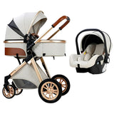 Luxury European-style multifunctional 3-in-1 beige baby pram for newborns, featuring a stroller seat, carrycot, and detachable car seat, with an elegant design, adjustable handlebar, safety harness, and smooth-rolling wheels.