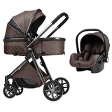 Luxury European-style multifunctional 3-in-1 coffee baby pram for newborns, featuring a stroller seat, carrycot, and detachable car seat, with an elegant design, adjustable handlebar, safety harness, and smooth-rolling wheels.