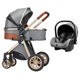 Luxury European-style multifunctional 3-in-1 gray baby pram for newborns, featuring a stroller seat, carrycot, and detachable car seat, with an elegant design, adjustable handlebar, safety harness, and smooth-rolling wheels.