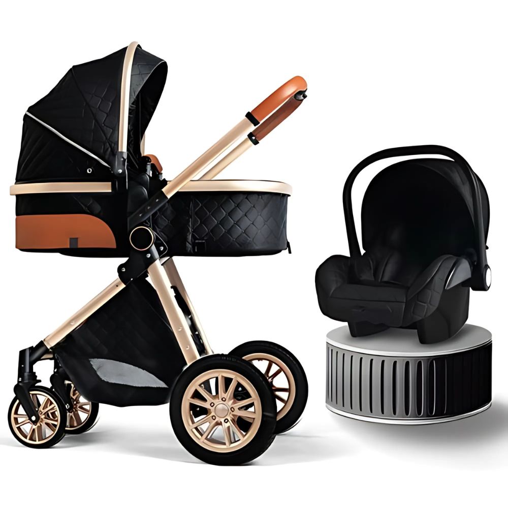 Luxury European-style multifunctional 3-in-1 black baby pram for newborns, featuring a stroller seat, carrycot, and detachable car seat, with an elegant design, adjustable handlebar, safety harness, and smooth-rolling wheels.