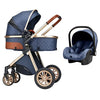 Luxury European-style multifunctional 3-in-1 blue baby pram for newborns, featuring a stroller seat, carrycot, and detachable car seat, with an elegant design, adjustable handlebar, safety harness, and smooth-rolling wheels.