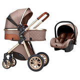 Luxury European-style multifunctional 3-in-1 brown baby pram for newborns, featuring a stroller seat, carrycot, and detachable car seat, with an elegant design, adjustable handlebar, safety harness, and smooth-rolling wheels.