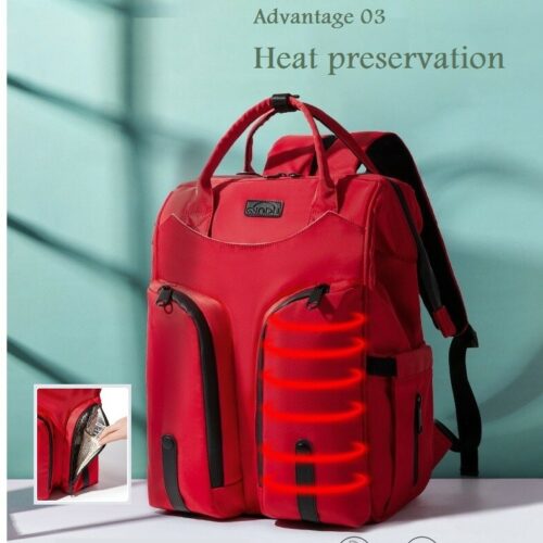 Multifunctional red waterproof backpack with insulated heat-preservation storage, designed for keeping baby bottles and food warm while providing convenient organized storage.