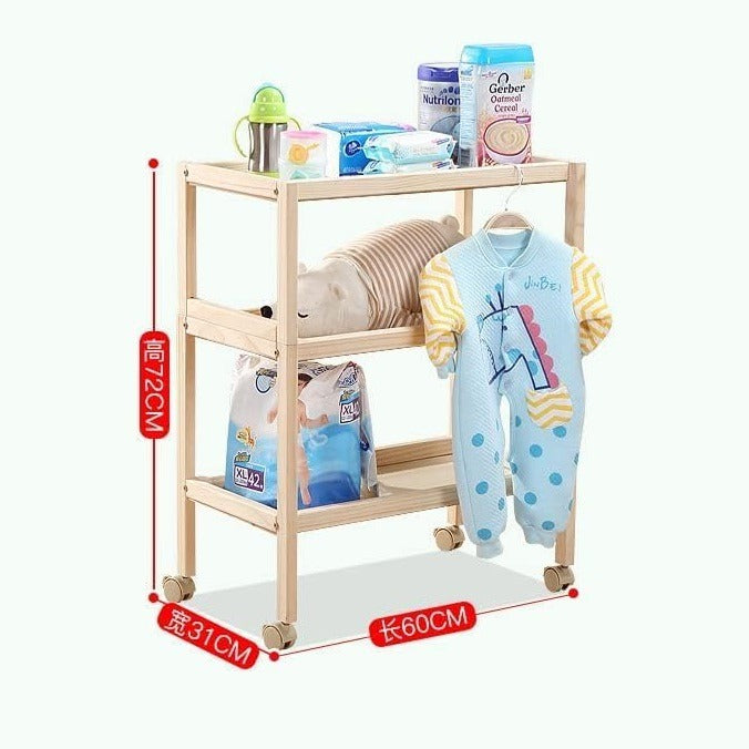 Wooden foldable bedside Baby care station with shelves holding baby items