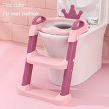 Pink and purple children's step stool with potty trainer seat.