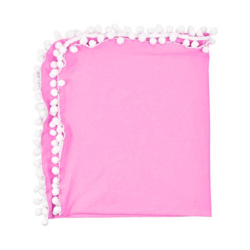 soft muslin Pink  swaddle blanket with white pom-pom trim 