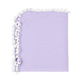 Lavender muslin swaddle blanket with white pom-pom trim 