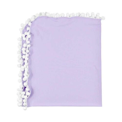 Lavender muslin swaddle blanket with white pom-pom trim 
