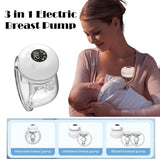 3-in-1 electric breast pump with a woman holding a baby and pump illustrations.