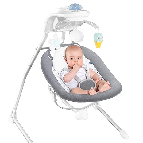 Baby in a gray electric musical vibrating bouncer swing with colorful toys.