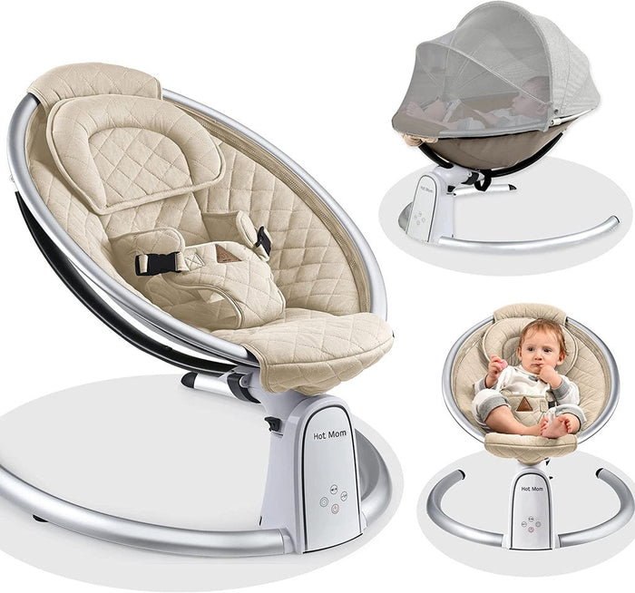  Electric Baby swing with beige cushion and white base, featuring a baby inside.