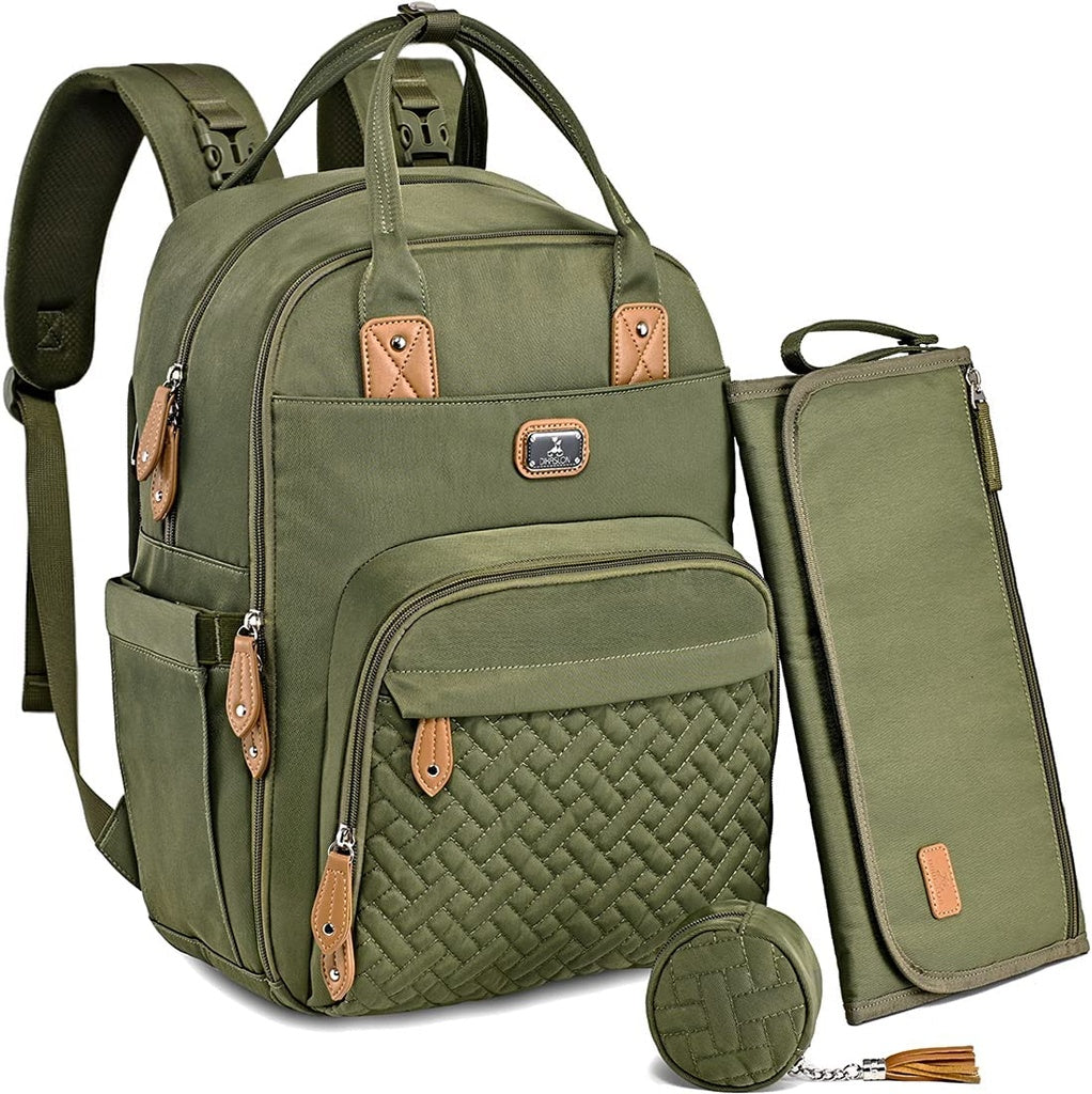 Green  multifunctional baby nappy changing backpack with a stylish quilted design, spacious compartments, and a matching pouch for organizing diapers, bottles, clothes, and other baby essentials.