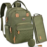 Greenmultifunctional baby nappy changing backpack with a stylish quilted design, spacious compartments, and a matching pouch for organizing diapers, bottles, clothes, and other baby essentials.