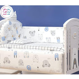 Children's crib with bedding set with cartoon animal pattern and 'Baby Life' branding.