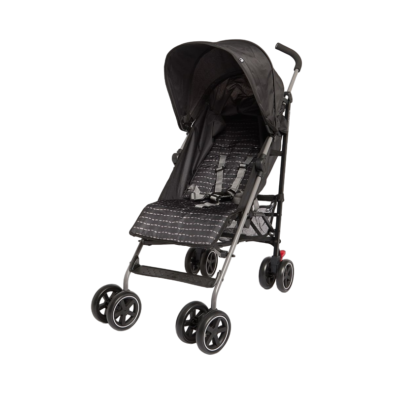 Lightweight black Nanu stroller with a stylish patterned stripe design, compact umbrella fold, adjustable reclining seat, five-point safety harness, swivel wheels, and protective hood.