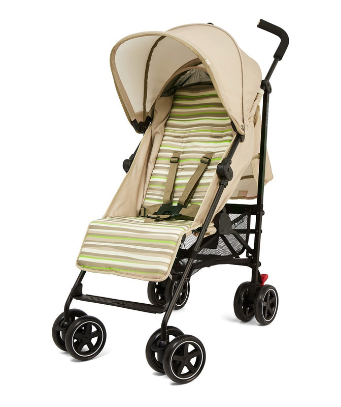 Lightweight Mothercare Nanu stroller in beige and green stripes, featuring a compact umbrella fold, reclining seat, adjustable leg rest, five-point safety harness, and lockable swivel front wheels