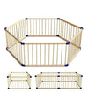 A wooden foldable playpen with natural wood framing and blue accent details.