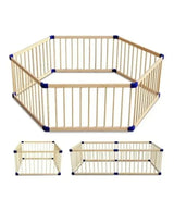 A wooden foldable playpen with natural wood framing and blue accent details.
