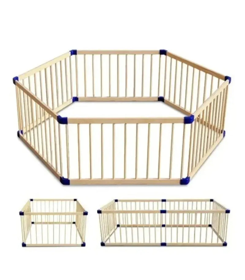 A wooden foldable playpen with natural wood framing and blue accent details.