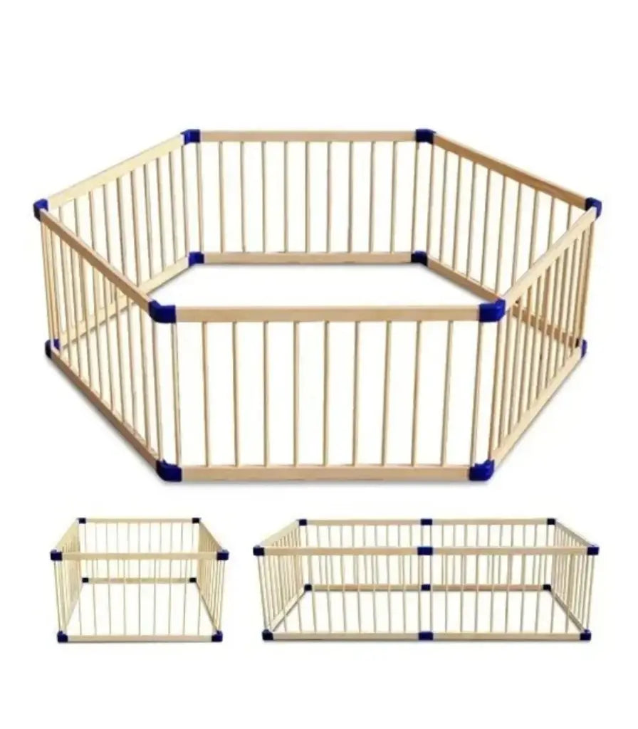 A wooden foldable playpen with natural wood framing and blue accent details.