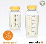 Two Medela breast milk storage bottles150 ml with yellow lids.