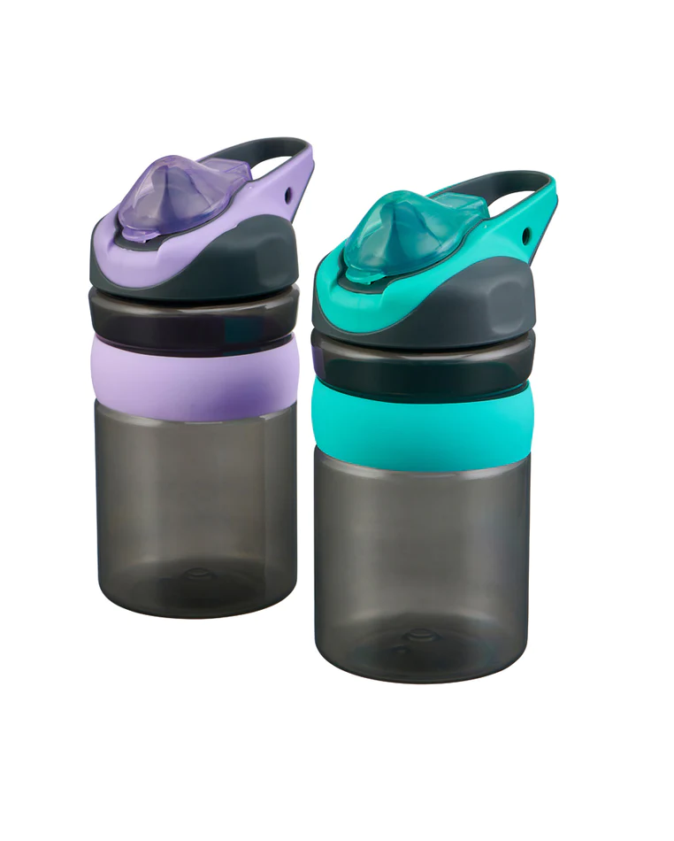 Two black  vital baby hydrate water bottles with purple and teal lid.