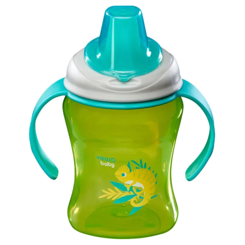 Green sippy cup with blue handles 