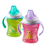 Two vital baby Hydrate sippy cups, one green and one pink,