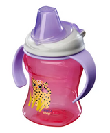 Pink sippy cup with purple handles 
