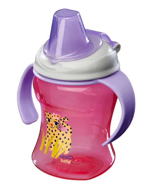 Pink sippy cup with purple handles 