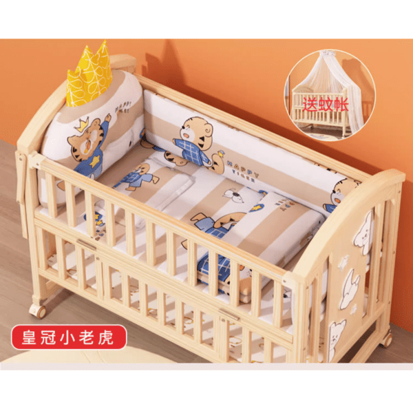 Wooden crib with baby 5-Piece Dinosaur Toddler & Bedding Comforter Sheet Set by Baby Life featuring cartoon designs on a wooden floor.