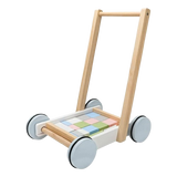 A baby walker with colorful building blocks for toddlers to play.