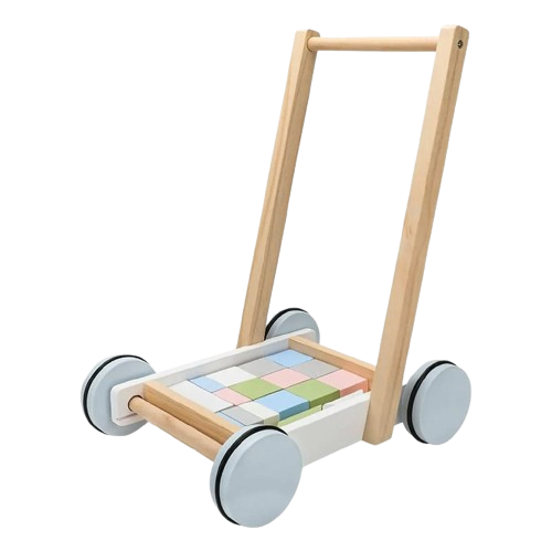 A baby walker with colorful building blocks for toddlers to play.