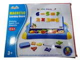 Packaging of a magnetic learning board with educational magnets and a whiteboard.