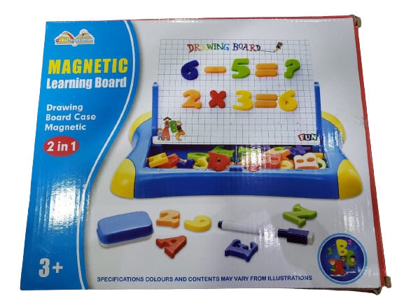 Packaging of a magnetic learning board with educational magnets and a whiteboard.