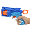 Blue and orange toy revolver soft bulletgun held in a hand .